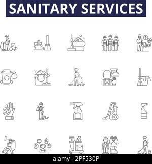 Icônes et signes vectoriels de la ligne de services sanitaires. Hygiène, propreté, Sewerage, déchets, élimination, Toilettes, drains, vecteur de contour des toilettes Illustration de Vecteur