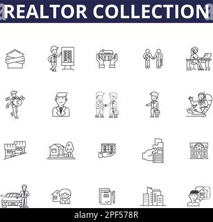 Icônes et signes vectoriels de la ligne de collection Realtor. Collecte, Agence, Service, Finances, propriété, Courtier, investissement, illustration vectorielle de la maison Illustration de Vecteur