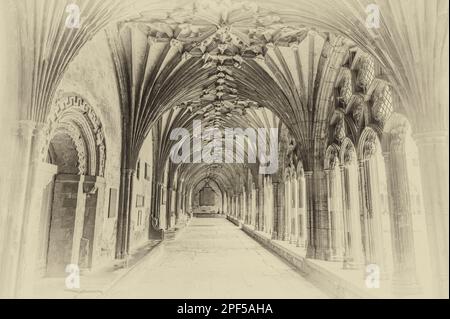 L'image est du passage couvert des cloîtres au célèbre site du patrimoine mondial de la cathédrale Christ Church de Canterbury dans le Kent. Banque D'Images