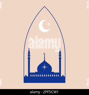 Kareem de Ramadan. Horizon nocturne avec dôme de mosquée, lune et étoiles. Style moderne. Illustration vectorielle, conception plate Illustration de Vecteur