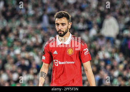 Bruno Fernandes lors de l'UEFA Europa League Round of 16, 2nd Leg Real Betis vs Manchester United au stade Benito Villamarín, Séville, Espagne, 16th mars 2023 (photo de Samuel Carreño/News Images) Credit: News Images LTD/Alay Live News Banque D'Images