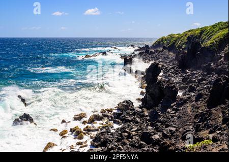 Vue sur les formations de roches de lave de Black Rocks sur la côte atlantique de Saint-Kitts Banque D'Images