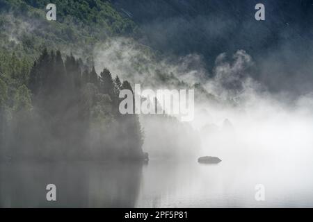 Des nuages de brouillard se déforment sur un lac avec une petite île en Norvège le matin du printemps, les arbres sur le bord du lac sont en partie faiblement visibles Banque D'Images