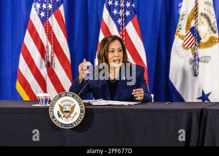 Des Moines, États-Unis. 16th mars 2023. Le vice-président Kamala Harris s'adresse à la presse. Le vice-président Kamala Harris a tenu une conférence de presse avant une table ronde sur les droits en matière de reproduction. Crédit : SOPA Images Limited/Alamy Live News Banque D'Images