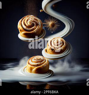 trois petits pains à la cannelle sont jetés dans l'air avec de la poudre blanche et poussent sur eux sur un fond noir Banque D'Images