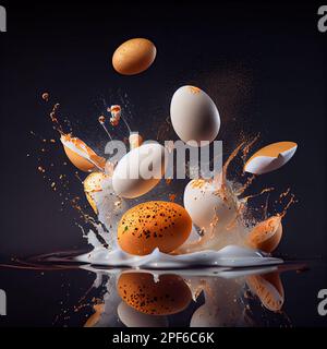 un œuf éclaboussant dans l'eau avec des œufs orange et blancs dans l'air, sur une photo de fond noir Banque D'Images