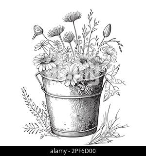 Fleurs sauvages dans un seau esquisse dessinée à la main Illustration vectorielle Illustration de Vecteur