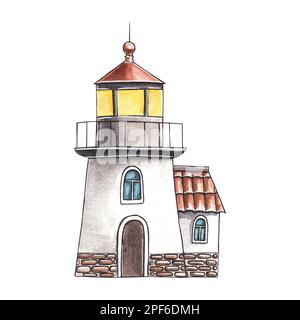 Phare isolé sur fond blanc. Aquarelle illustration dessinée à la main d'un vieux phare blanc avec un toit rouge. Pour la décoration des enfants p Banque D'Images