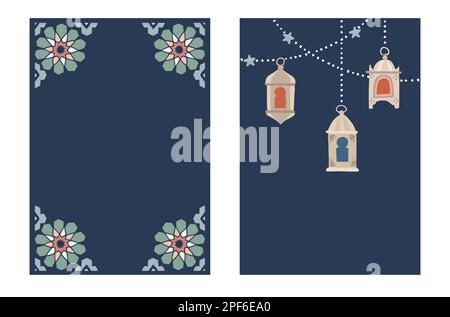 Jeu de cartes de voeux de Ramadan Kareem, invitations. Lanternes suspendues dessinées à la main et guirlandes légères. Motif géométrique traditionnel d'étoiles marocaines, mosaïque Illustration de Vecteur