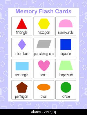 Formes géométriques de jeu de mémoire de différentes couleurs, apprentissage de vocabulaire anglais cartes flash imprimables, feuille de travail pédagogique d'actualité pour les enfants, maternelle, activités de loisirs pré-scolaires, ressources pour enseignants Illustration de Vecteur