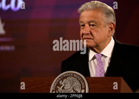 Mexico, Mexique. 16th mars 2023. Le Président du Mexique, Andres Manuel Lopez Obrador lors de la conférence de presse devant les journalistes au Palais national de Mexico. Sur 16 mars 2023 à Mexico, Mexique (Credit image: © Luis Barron/eyepix via ZUMA Press Wire) USAGE ÉDITORIAL SEULEMENT! Non destiné À un usage commercial ! Banque D'Images