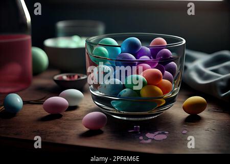 œufs de pâques dans un bol en verre sur une table en bois avec d'autres œufs de couleur dispersés autour des bols et des cuillères Banque D'Images