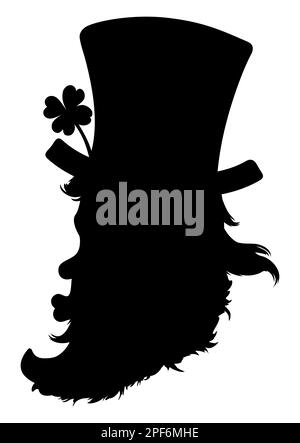 Silhouette noire de la tête Leprechaun avec chapeau traditionnel, trèfle à quatre feuilles et geste de bistouage. Illustration de Vecteur