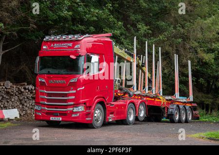 Un Scania V8 tire une remorque d'exploitation forestière garée dans une layette en bois avec des bûches coupées attendant d'être chargées à proximité Banque D'Images