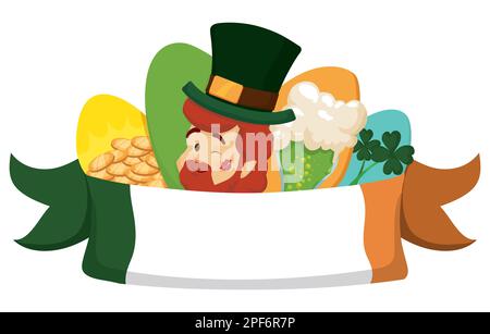 Groupe d'éléments commémorant St. Patrick's Day : drapeau tricolore irlandais, visage Leprechaun avec baiser, pièces d'or, bière verte et trèfle à quatre feuilles. Illustration de Vecteur