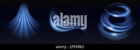 Effet d'air froid, vent d'hiver tourbillonne et vague. Flux bleus de brise fraîche isolés sur fond transparent. Tourbillon, effet de lumière tourbillonnante, illustration vectorielle réaliste Illustration de Vecteur