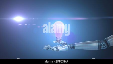 Image du bras robotique avec une ampoule et des taches lumineuses sur fond bleu Banque D'Images