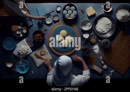 certains aliments sur une table avec des personnes en arrière-plan regardant la tête d'une personne et faisant des biscuits Banque D'Images