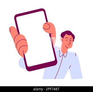 Homme tenant un grand smartphone avec un écran vierge en main. Illustration de Vecteur