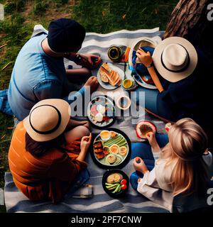 trois personnes assises sur une couverture en mangeant de la nourriture et en parlant les unes aux autres personnes qui sont assis à la table de pique-nique Banque D'Images