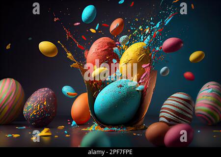 œufs de pâques colorés avec peinture éclabousse et couleurs de confiserie sur fond noir, photographiés en studio Banque D'Images