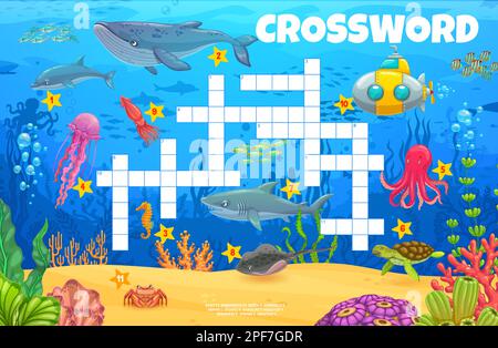 Dessin animé paysage sous-marin et animaux crossword jeu de jeu grille. Puzzle vectoriel avec baleine, dauphin, hippocampe, méduse et poulpe. Requin, tortue, Illustration de Vecteur
