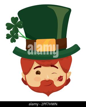 Joli visage Leprechaun avec une marque de baiser rouge sur la joue, un geste de torsion, un chapeau vert et des trèfle à quatre feuilles. Illustration de Vecteur