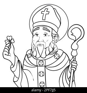 Portrait de Saint Patrick avec tunique, onglet, crosier et shamrock. Créez des contours pour colorier les activités. Illustration de Vecteur