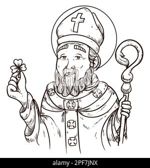 Design dessiné à la main de St. Patrick avec shamrock d'une part, crosier de l'autre, vêtements d'évêque et halo sacré. Illustration de Vecteur