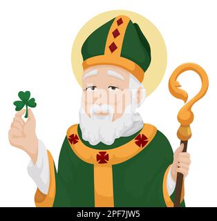 Portrait de Saint Patrick avec les robes de son évêque et tenant un shamrock. Illustration de style dessin animé sur fond blanc. Illustration de Vecteur