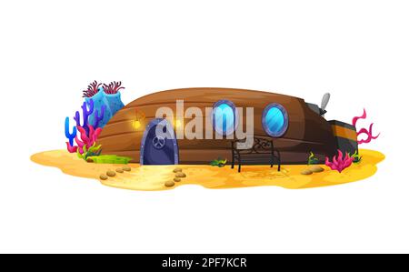 Cartoon bateau en contrebas, bâtiment de maison sous-marine ou maison de voilier, épaves de navire vecteur. Créature sous-marine fantaisie maison habitation dans bateau en bois coulé avec Illustration de Vecteur