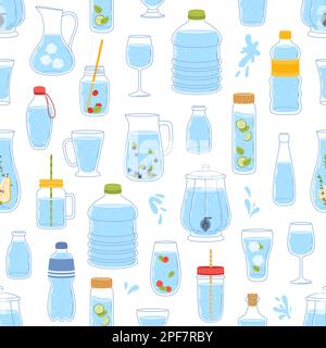 Motif sans couture avec bouteille d'eau ou récipients en verre et en plastique, fond vectoriel. Gobelets à boisson et cruches à boisson, gobelet en verre soda, bière et vin, ju Illustration de Vecteur