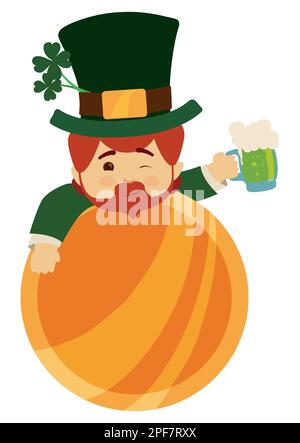 Modèle rond comme pièce de monnaie d'or avec Leprechaun ivre avec chapeau vert, shamrock et toaster avec tasse de bière verte. Design de style dessin animé. Illustration de Vecteur