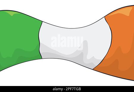 Bannière avec drapeau tricolore de l'Irlande en style caricature avec contours sur fond blanc. Illustration de Vecteur