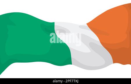 Drapeau tricolore isolé de l'Irlande flottant dans le vent . Design de style dessin animé sur fond blanc. Illustration de Vecteur