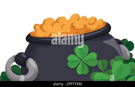 Vue sur un chou-fleur noir avec une pile de pièces de monnaie en or et des shamrocks à quatre feuilles dans un style de dessin animé. Illustration de Vecteur