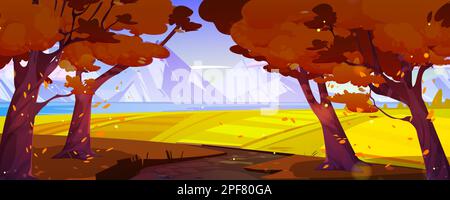 Montagne vallée paysage d'automne avec route de sable, forêt, orangers et champs. Scène de nature avec chemin vide et rivière, rochers sur l'horizon, nuages dans le ciel bleu, illustration de dessin animé vectoriel Illustration de Vecteur