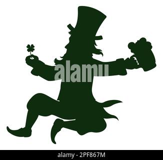 Silhouette vert foncé d'un élégant personnage Leprechun assis tenant une tasse à bière dans une main et un trèfle à quatre feuilles dans l'autre. Illustration de Vecteur