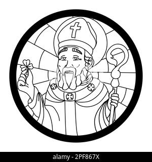 Portrait de Saint Patrick à l'intérieur d'un cercle comme un vitrail. Illustration dans les contours à colorier. Illustration de Vecteur