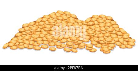 Vue isolée d'un tas de pièces d'or dispersées dans le style de dessin animé sur fond blanc. Illustration de Vecteur
