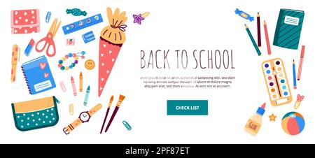 Cadre avec objets papeterie pour l'école.Illustration vectorielle de style plat Illustration de Vecteur