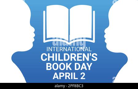 Journée internationale du livre des enfants. 2 avril. Illustration vectorielle d'un fond bleu clair avec une silhouette blanche de deux enfants et un livre. Illustration de Vecteur