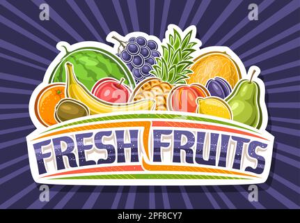 Logo vectoriel pour fruits frais, panneau d'affichage en papier découpé décoratif avec illustration de fruits doux de groupe, étiquette blanche avec inscription unique au pinceau pour tex Illustration de Vecteur