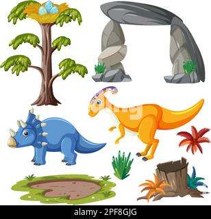 Illustration de la collection de vecteurs dinosaures et éléments naturels Illustration de Vecteur