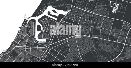 Carte vectorielle Ajman. Carte détaillée noire du quartier administratif de la ville d'Ajman. Vue sur l'aria métropolitain avec affiche CityScape. Terre noire avec rues blanches, routes Illustration de Vecteur