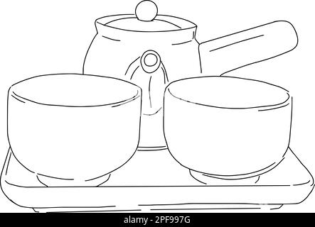 croquis de la théière et deux tasses Illustration de Vecteur