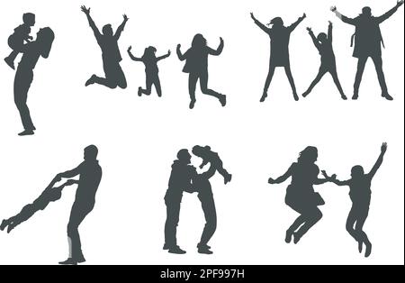 Happy Jumping Family Silhouette, Jumping Family Silhouette, Jumping Silhouettes Happy Family, Happy Family jumping silhouettes Illustration de Vecteur