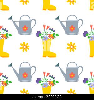 Joli motif de printemps coloré avec bottes en caoutchouc jaune et arrosoir. Motif fleuri brillant, fleurs d'été dans des bottes. Imprimé textile de plantation de jardinage Illustration de Vecteur