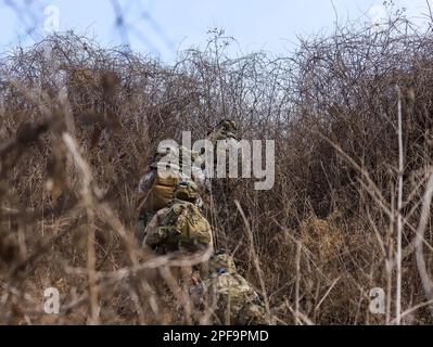 ÉTATS-UNIS Les soldats de l'armée affectés au 1-17th Bataillon, 2nd Brigade Striker combat Team, 2nd Infantry Division/ROK-US Combined Division, exécutent des manœuvres de réaction au feu pendant l'entraînement d'exercice sur le terrain du Bouclier de liberté à la zone d'entraînement de Twin Bridges, Corée du Sud, 14 mars 2023. Warrior Shield est un événement d'entraînement combiné avec l'armée de la République de Corée mettant en évidence les aspects combinés des opérations militaires. (É.-U. Photo de l'armée par le Sgt Evan Cooper) Banque D'Images