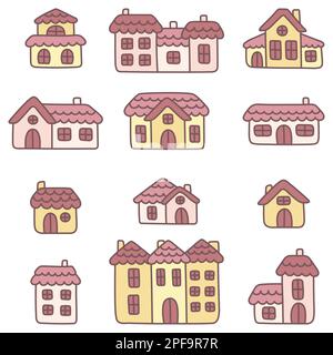 Collection de jolies maisons en pierre colorées. Ensemble d'objets de dessin animé simples de petite ville ou village. Hutches roses et jaunes pour la chambre ou la nur d'une fille Illustration de Vecteur